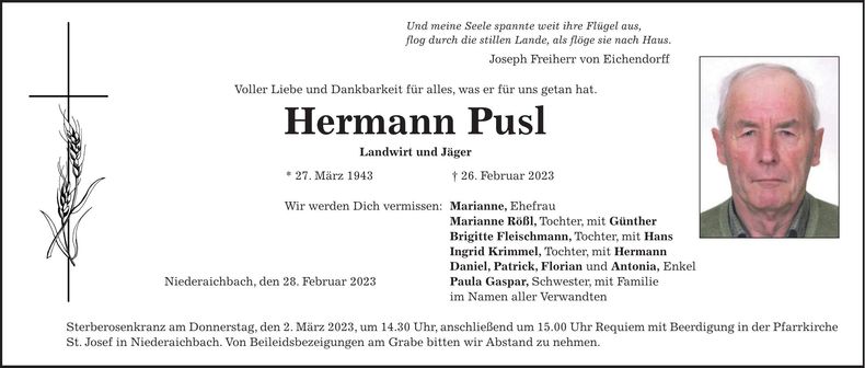 Traueranzeige Hermann Pusl
