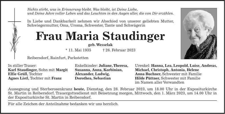Traueranzeige Maria Staudinger