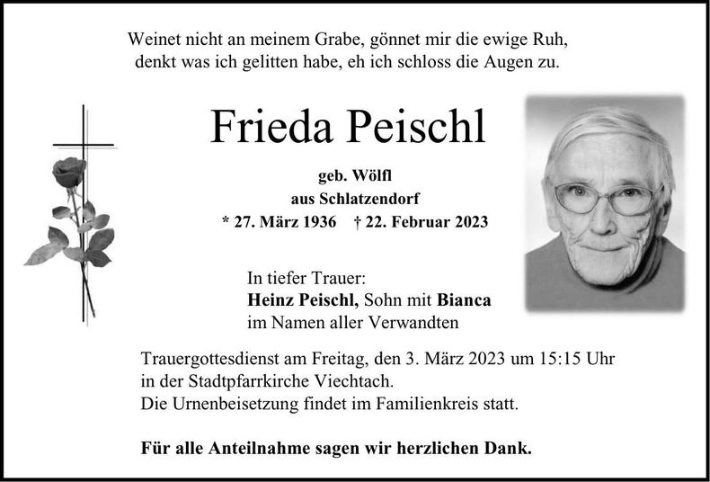 Traueranzeige Frieda Peischl