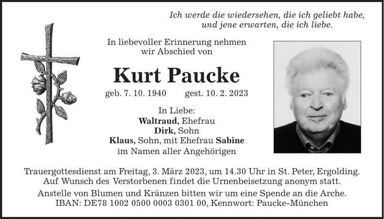 Traueranzeige Kurt Pauke