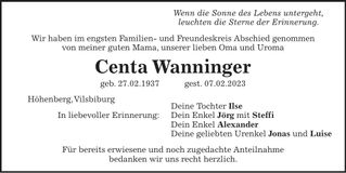 Traueranzeige Centa Wanninger