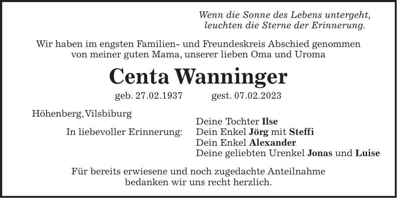 Traueranzeige Centa Wanninger