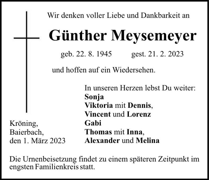 Traueranzeige Meysemeyer Günther