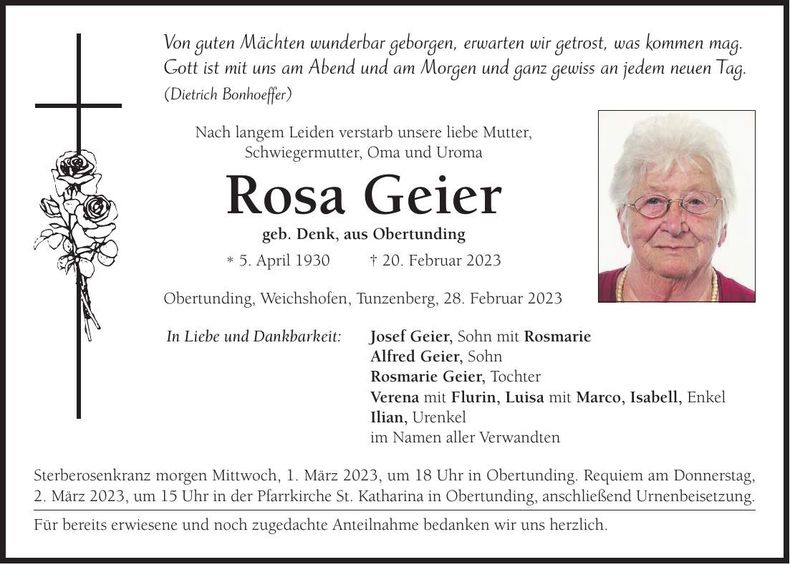 Traueranzeige Rosa Geier