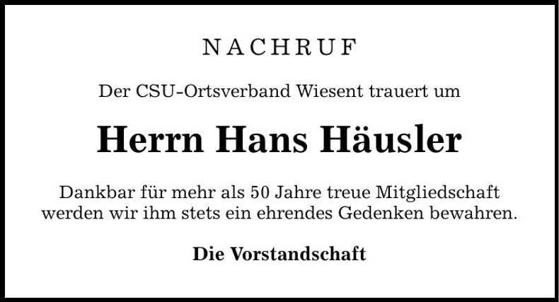 Traueranzeige Hans Häusler