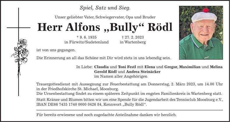 Traueranzeige Alfons Rödl