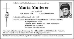 Traueranzeige Maria Multerer