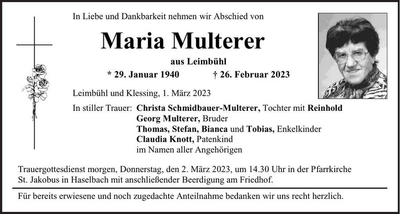 Traueranzeige Maria Multerer
