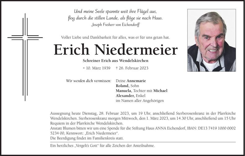 Traueranzeige Erich Niedermeier