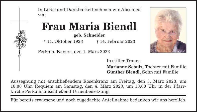 Traueranzeige Maria Biendl