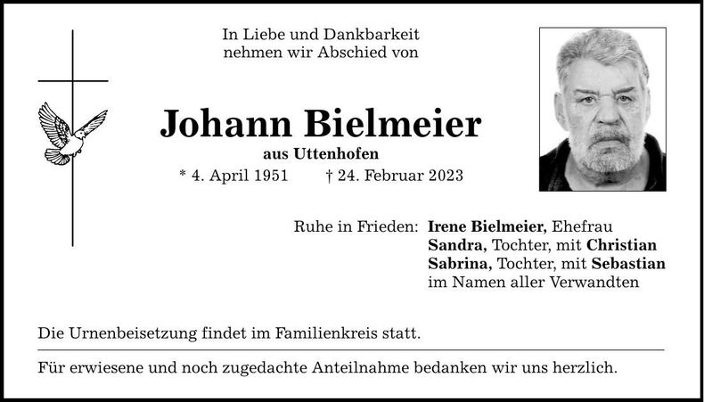Traueranzeige Johann Bielmeier