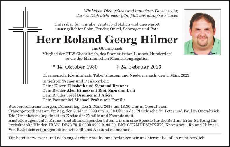 Traueranzeige Roland Hilmer
