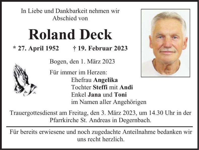 Traueranzeige Roland Deck
