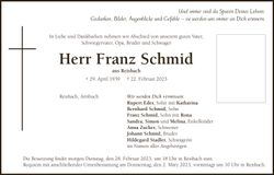 Traueranzeige Franz Schhmid