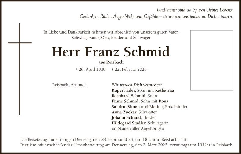 Traueranzeige Franz Schhmid