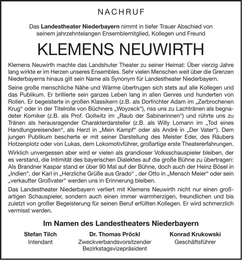 Traueranzeige Klemens Neuwirth
