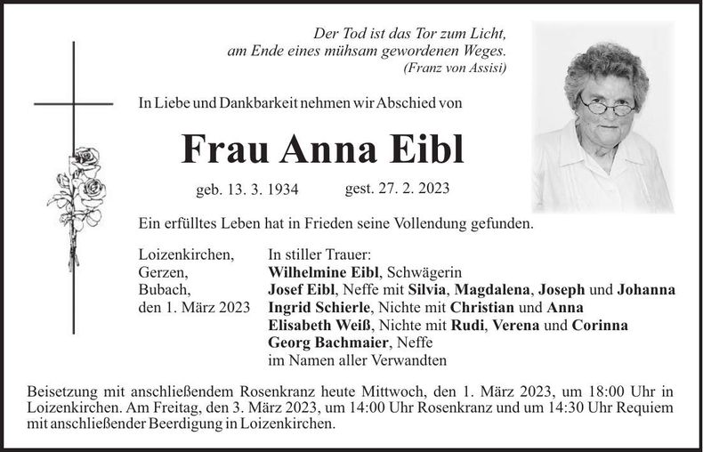 Traueranzeige Anna Eibl