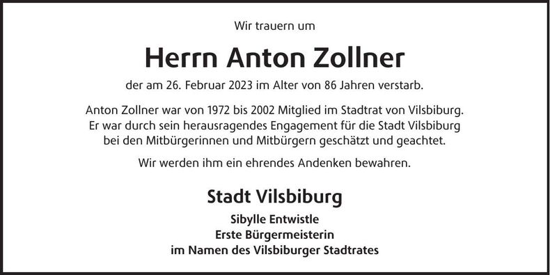 Traueranzeige Anton Zollner