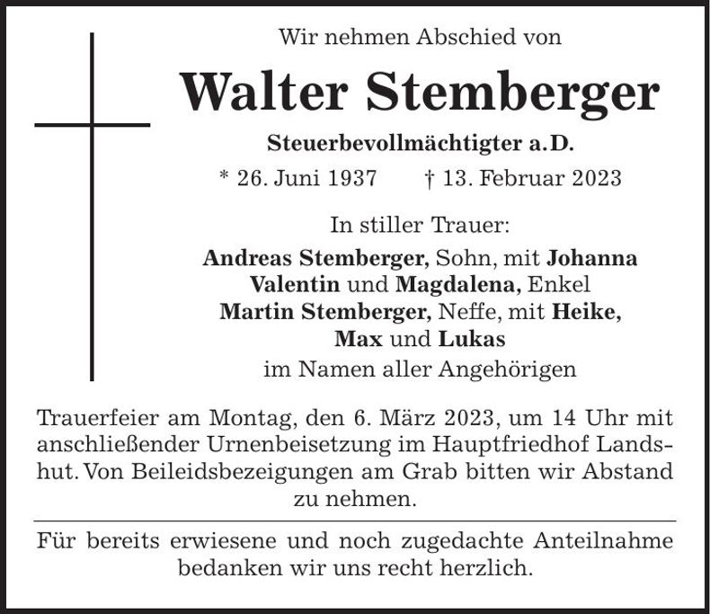 Traueranzeige Walter Stemberger
