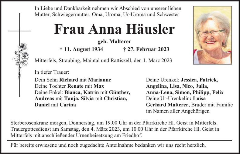 Traueranzeige Anna Häusler