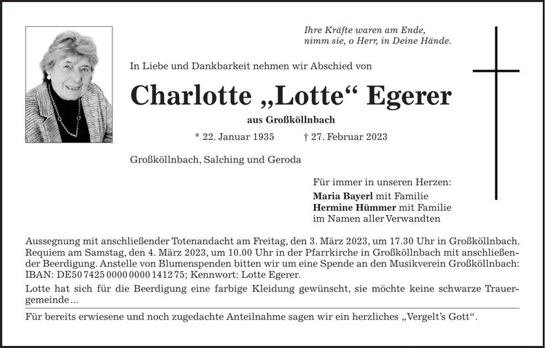 Traueranzeige Charlotte Egerer