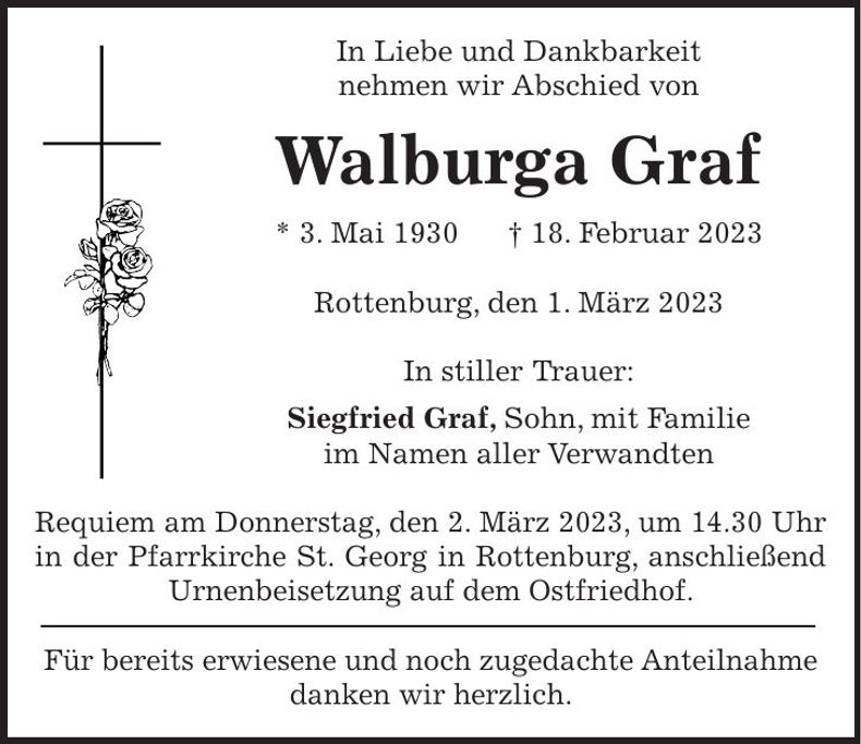 Traueranzeige Walburga Graf