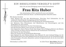 Traueranzeige Rita Huber