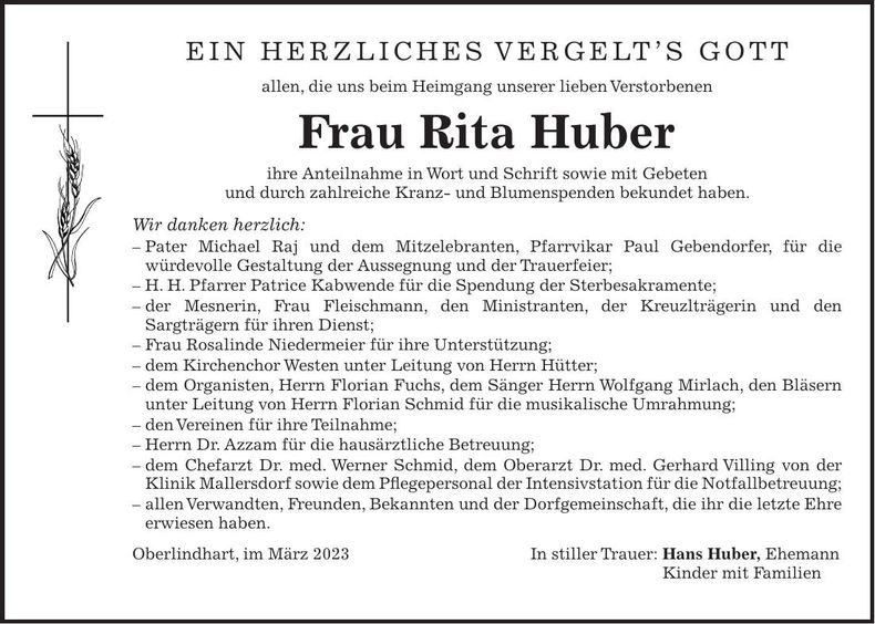 Traueranzeige Rita Huber