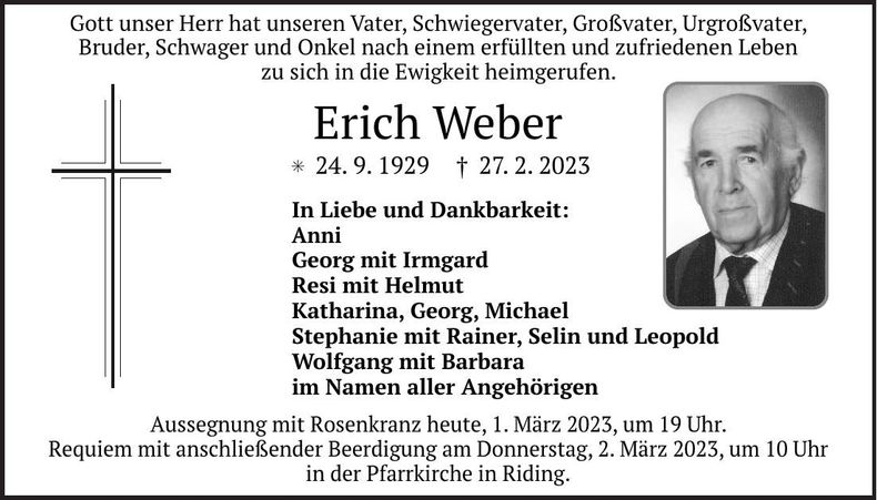 Traueranzeige Erich Weber