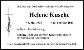 Traueranzeige Helene Kusche