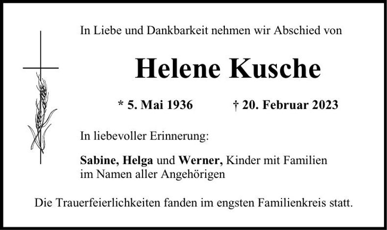 Traueranzeige Helene Kusche
