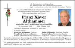 Traueranzeige Franz Xaver Althammer