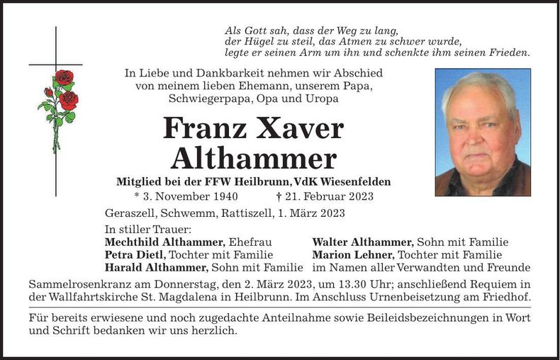 Traueranzeige Franz Xaver Althammer