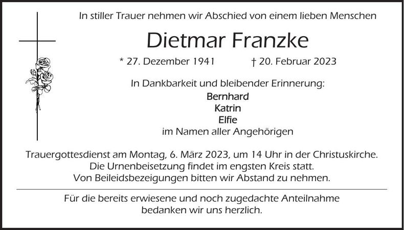 Traueranzeige Dietmar Frankzke