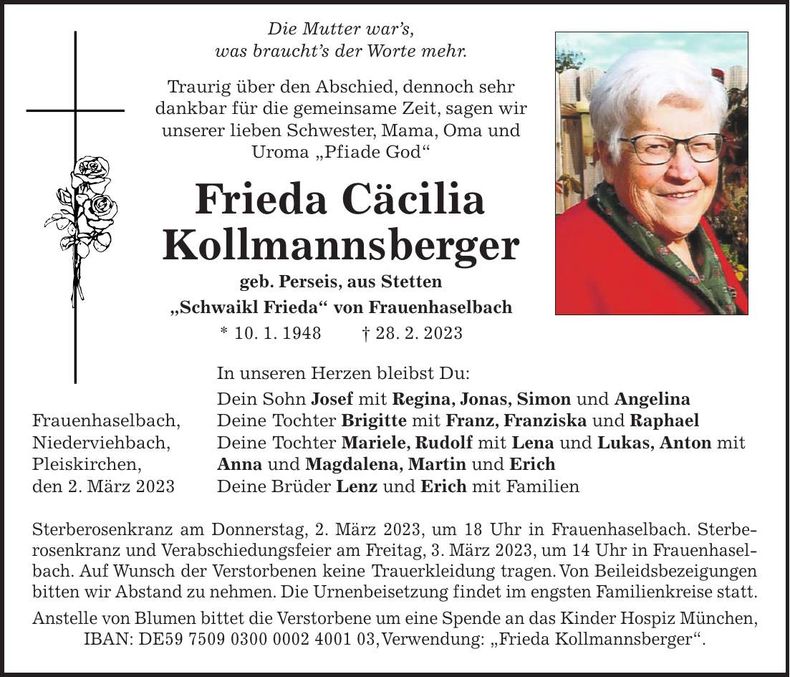 Traueranzeige Frieda Cäcilia Kollmannsberger