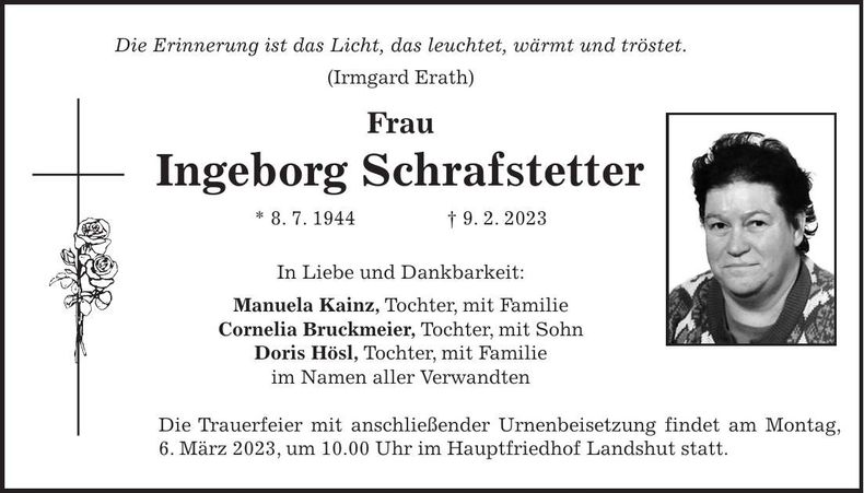 Traueranzeige Ingeborg Schrafstetter