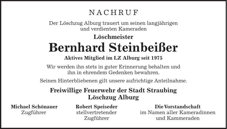 Traueranzeige Bernhard Steinbeißer