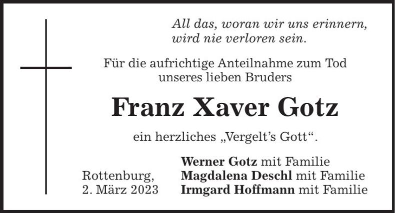 Traueranzeige Franz Xaver Gotz
