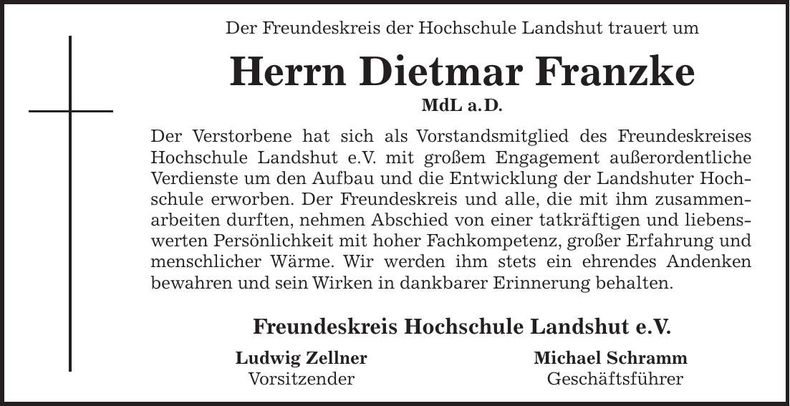 Traueranzeige Dietmar Franzke, MdL a.D.