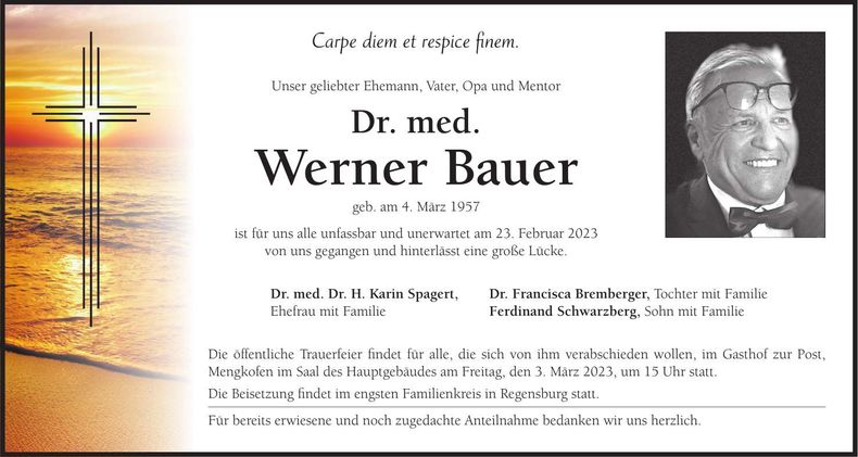 Traueranzeige Dr. med. Werner Bauer