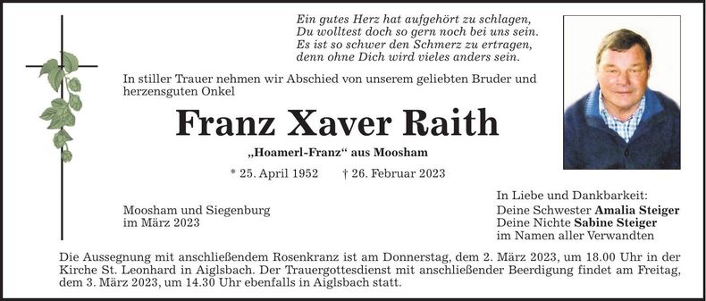 Traueranzeige Franz Raith