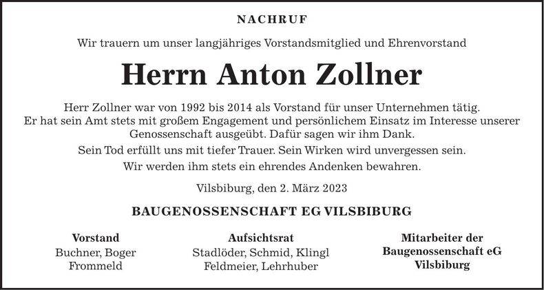 Traueranzeige Anton Zollner