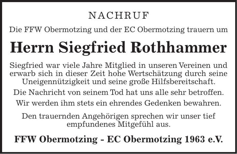Traueranzeige Siegfried Rothammer