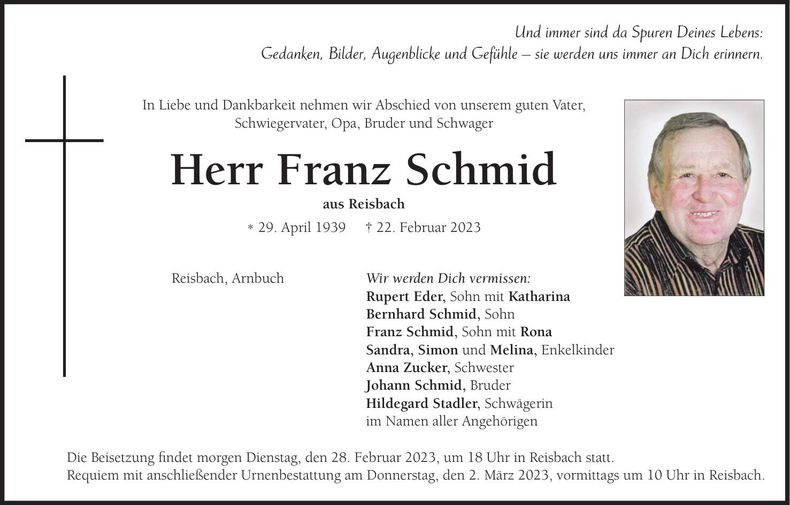 Traueranzeige Franz Schmid