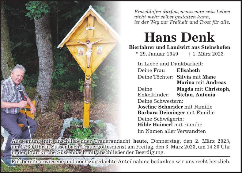Traueranzeige Hans Denk