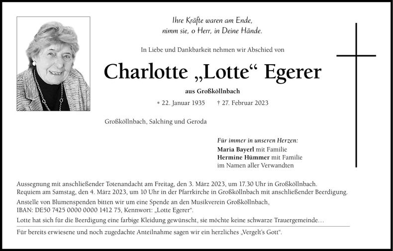 Traueranzeige Charlotte Egerer