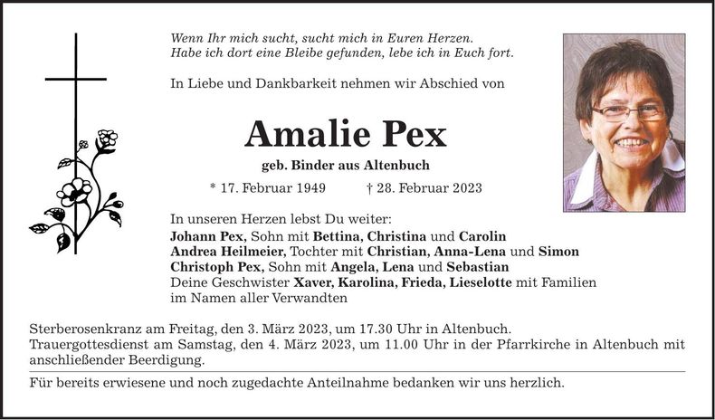 Traueranzeige Amalie Pex