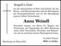 Traueranzeige Anna Weindl