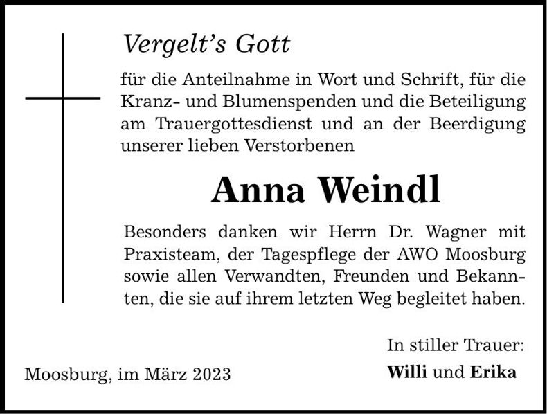 Traueranzeige Anna Weindl