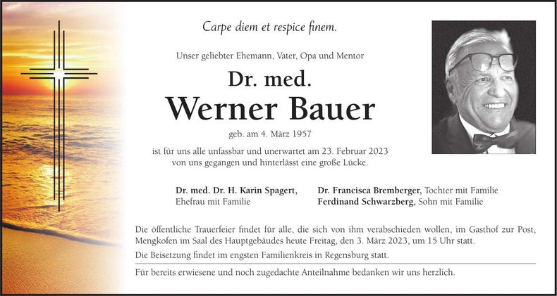 Traueranzeige Werner Dr. med. Bauer
